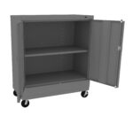 A metal storage cabinet on wheels with two shelves and one door open, revealing an empty interior. The cabinet has a sleek, minimalist design and is positioned against a white background.