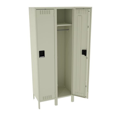 fven63ikow7bozrwy0jt.jpg Two beige metal lockers with vertical vents on the doors. One locker door is slightly open, revealing an interior shelf and hanging bar. The lockers stand on short legs. The simple design suggests use in a school or workplace setting.