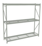 A large, gray metal storage rack with three wire mesh shelves. The rack features side supports and reinforcement bars for stability. It is designed for industrial or garage use, providing ample storage space for heavy items.