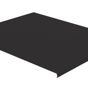 A flat, rectangular black metal sheet with a folded edge on one side and a small hole on the opposite corner. The sheet is set against a white background.