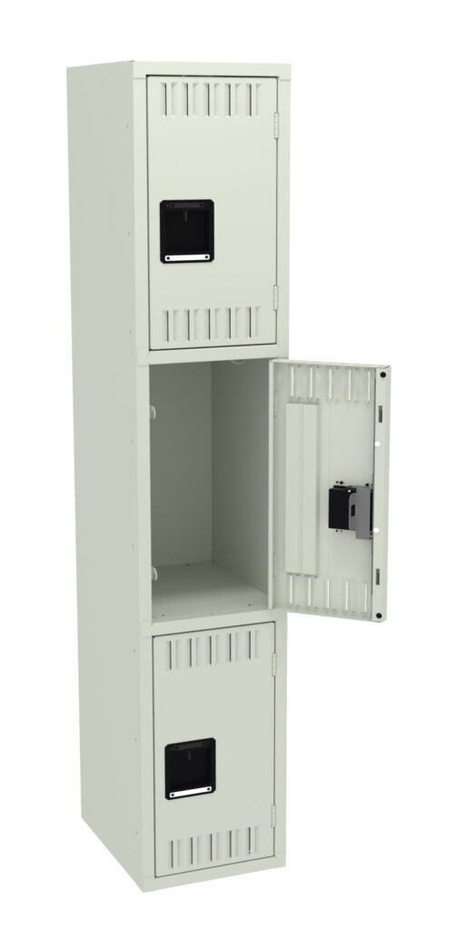 A tall, light gray metal locker with three compartments. The middle compartments door is open, revealing an empty interior. The top and bottom compartments have closed doors with black handles.