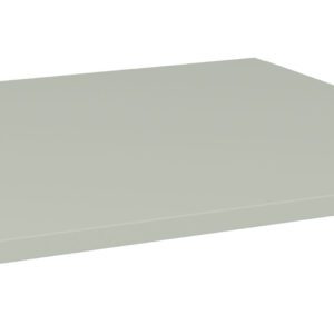 A flat, rectangular, light gray shelve on a white background. The shelf has clean, smooth edges and a minimalist design, with small holes on two sides, possibly for mounting.