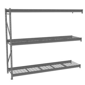 Industrial metal shelving with three wire mesh shelves is shown. The frame is made of sturdy metal beams, and there is ample space between each level for storage, suitable for warehouses or garages.