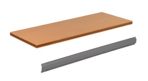 A brown wooden shelf accompanied by a separate gray metal bracket. The shelf appears to be designed for wall mounting, with the bracket intended to support it. Both items are isolated on a white background.