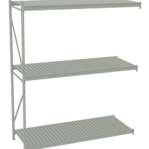 A metal shelving unit with three shelves. The shelves are evenly spaced and made of horizontal slats. The structure is supported by a frame with diagonal supports on one side. The unit is empty and stands against a plain white background.