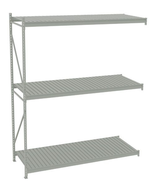 fvwi1osj9yjdsfoot8eq.jpg A metal shelving unit with three shelves. The shelves are evenly spaced and made of horizontal slats. The structure is supported by a frame with diagonal supports on one side. The unit is empty and stands against a plain white background.