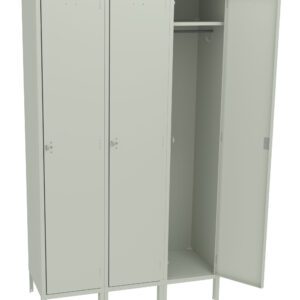 A three-door metal locker with a light gray finish. The left and middle doors are closed, while the right door is open, revealing a single shelf and a hanging rail inside. The locker stands on four legs.