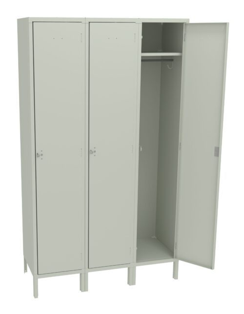 A three-door metal locker with a light gray finish. The left and middle doors are closed, while the right door is open, revealing a single shelf and a hanging rail inside. The locker stands on four legs.