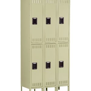 A beige metal locker unit with six compartments arranged in two vertical columns. Each locker has a ventilation grille at the top and bottom, and a black handle in the center. The unit stands on raised legs.