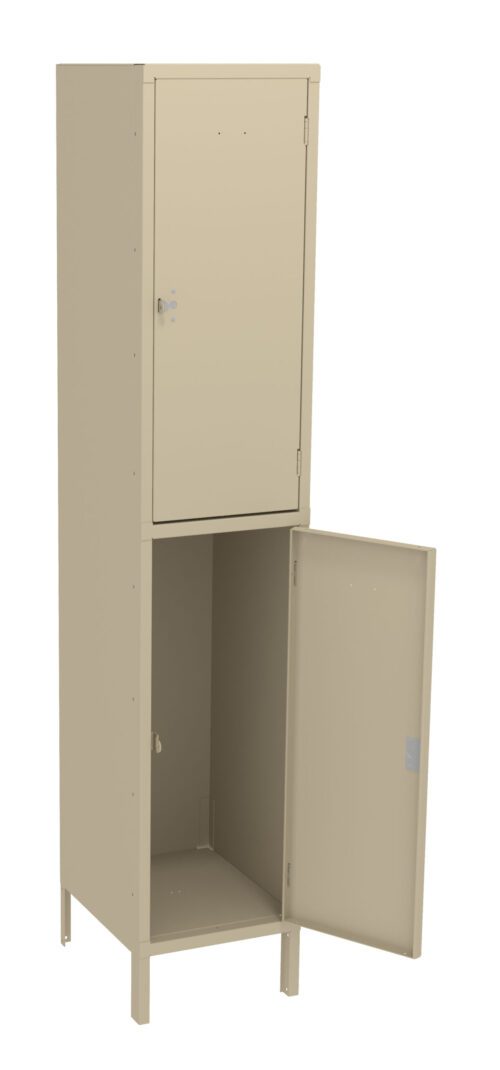 A beige metal locker with two sections; the top door is closed, while the bottom door is open.