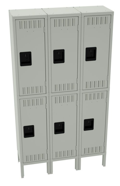 fwreuogtcqep4dlks13c.jpg A row of six gray metal lockers arranged in two columns and three rows. Each locker has a black handle and ventilation slits. The lockers are mounted on short legs.