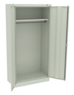 A light gray metal storage cabinet with one door open, revealing an empty interior. Inside, there is a single horizontal rod near the top for hanging items. The cabinet has a clean and simple design.