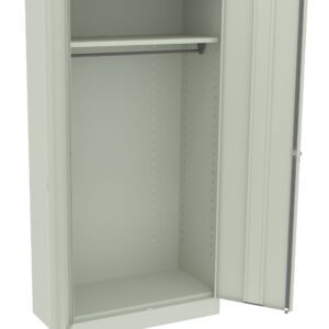 A light gray metal storage cabinet with one door open, revealing an empty interior. Inside, there is a single horizontal rod near the top for hanging items. The cabinet has a clean and simple design.