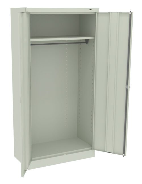 fwxlqks8c1xn9kod4sus.jpg A light gray metal storage cabinet with one door open, revealing an empty interior. Inside, there is a single horizontal rod near the top for hanging items. The cabinet has a clean and simple design.