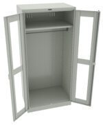 Open, empty, light gray metal storage cabinet with two doors and a clothes hanging rod. The doors have small handle locks and the cabinet has a removable upper shelf. Shelves have adjustable slots along the sides.