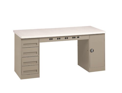 fx9vs0dndz0x8ontpwkv.jpg A beige industrial workbench with a white tabletop, featuring four drawers on the left, a cupboard with a handle on the right, and electrical outlets in the front center.