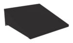 A black, rectangular, sloped metal awning with a flat top and slanted front is displayed against a white background.