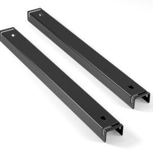 Two black metal brackets are aligned parallel to each other on a white background. Each bracket has a rectangular shape with rounded edges and a hole near one end.