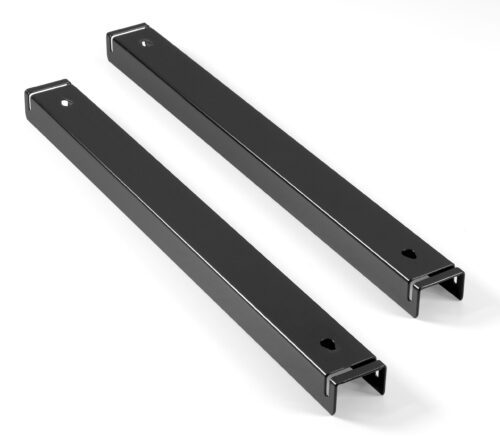 Two black metal brackets are aligned parallel to each other on a white background. Each bracket has a rectangular shape with rounded edges and a hole near one end.