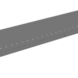 A long, gray steel shelf with evenly spaced holes along its surface. The shelf has a rectangular shape with slightly upturned edges and brackets at each end for mounting or support.