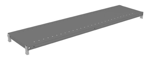 A long, gray steel shelf with evenly spaced holes along its surface. The shelf has a rectangular shape with slightly upturned edges and brackets at each end for mounting or support.