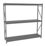 Gray metal storage shelving unit with three horizontal slatted shelves. The open design includes a sturdy frame with diagonal support bars on both sides, suitable for a garage or warehouse.