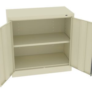 An empty beige metal cabinet with two open doors, revealing a single shelf inside.