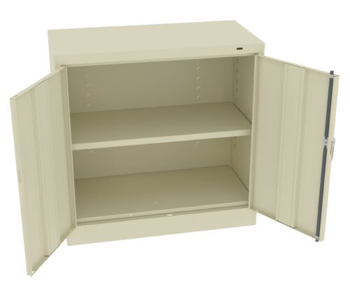 An empty beige metal cabinet with two open doors, revealing a single shelf inside.