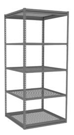 Metal shelving unit with six gray perforated shelves and a sturdy frame. The design is simple, with uniformly spaced holes on the shelves, suitable for storage or organizational purposes. The unit stands on four support posts.