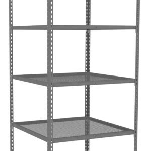 Metal shelving unit with six gray perforated shelves and a sturdy frame. The design is simple, with uniformly spaced holes on the shelves, suitable for storage or organizational purposes. The unit stands on four support posts.