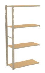 A beige four-tier metal shelving unit with wooden shelves. The structure is open on the sides, with perforated metal supports and adjustable shelves. It is standing upright against a plain white background.