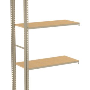 A beige four-tier metal shelving unit with wooden shelves. The structure is open on the sides, with perforated metal supports and adjustable shelves. It is standing upright against a plain white background.