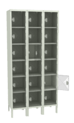 Three tall, gray metal lockers with four compartments each. One compartment is open on the rightmost locker, showing the empty interior. The lockers stand on short legs with a minimal design.