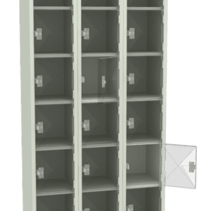 Three tall, gray metal lockers with four compartments each. One compartment is open on the rightmost locker, showing the empty interior. The lockers stand on short legs with a minimal design.