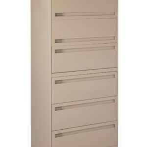 A beige metal filing cabinet with five horizontal drawers. The top drawer has a lock, and each drawer features a recessed handle for a sleek look. The cabinet stands upright on a plain white background.