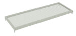 A gray, rectangular perforated metal shelf with mounting brackets at each corner. The surface has a grid of small circular holes, and the edges have a smooth finish.