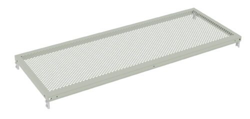 g2exf6meg9lwkzqhuik5.jpg A gray, rectangular perforated metal shelf with mounting brackets at each corner. The surface has a grid of small circular holes, and the edges have a smooth finish.