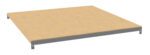 A square wooden board with a metal frame, resembling a platform or shelf, viewed from a low angle. The wood appears light brown, and the metal frame is metallic gray with brackets at the corners.