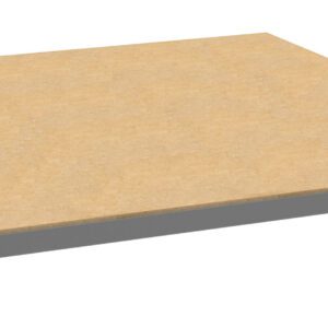 A square wooden board with a metal frame, resembling a platform or shelf, viewed from a low angle. The wood appears light brown, and the metal frame is metallic gray with brackets at the corners.