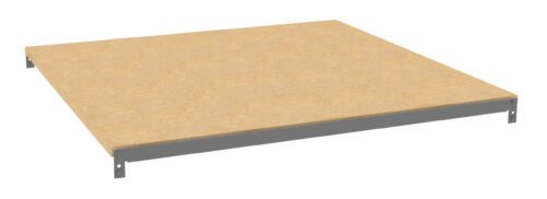 A square wooden board with a metal frame, resembling a platform or shelf, viewed from a low angle. The wood appears light brown, and the metal frame is metallic gray with brackets at the corners.