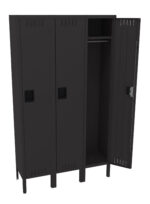 A black metal locker with three compartments; the first two are closed, and the third is open, revealing a hanging rod inside. The locker is elevated on small legs and has ventilation slits on the doors.