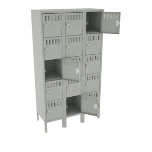 A gray metal locker with four columns and three rows of compartments. Several doors are open, revealing empty spaces inside. Each compartment has a vent and a locking mechanism. The locker stands on short legs.