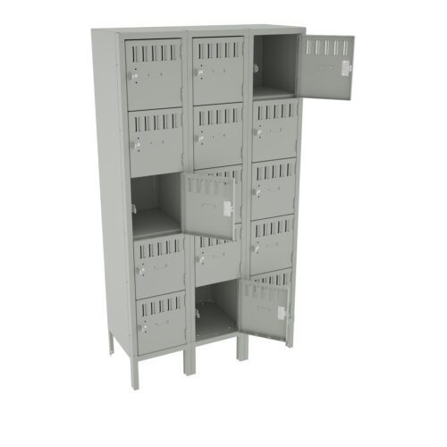 g2kor2k6a7ui1png5s6m.jpg A gray metal locker with four columns and three rows of compartments. Several doors are open, revealing empty spaces inside. Each compartment has a vent and a locking mechanism. The locker stands on short legs.