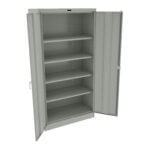Gray metal storage cabinet with five shelves, standing upright. Two doors are open, revealing empty shelves. The cabinet has a simple, utilitarian design with a plain exterior and handles on each door.