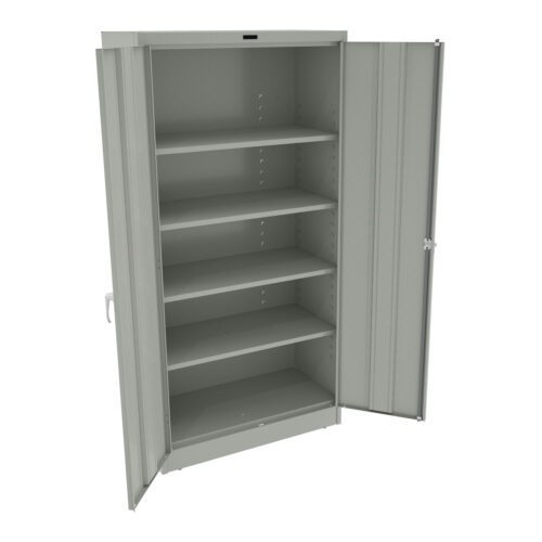 Gray metal storage cabinet with five shelves, standing upright. Two doors are open, revealing empty shelves. The cabinet has a simple, utilitarian design with a plain exterior and handles on each door.