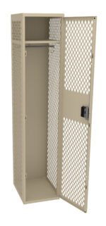 A beige metal locker with a lattice design. The door is open, revealing an empty interior with a horizontal bar inside. The locker has a lock mechanism on the door.