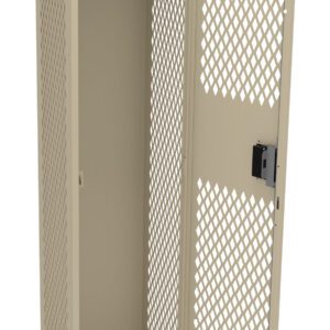 A beige metal locker with a lattice design. The door is open, revealing an empty interior with a horizontal bar inside. The locker has a lock mechanism on the door.
