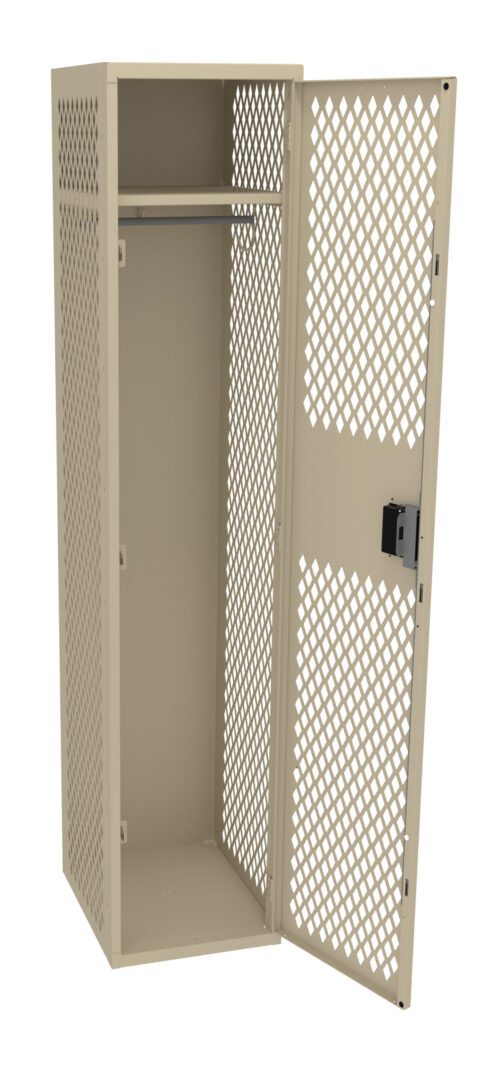 A beige metal locker with a lattice design. The door is open, revealing an empty interior with a horizontal bar inside. The locker has a lock mechanism on the door.