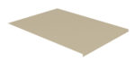 Angled view of a flat, beige, rectangular metal sheet. It has a slight lip on one edge and a small hole on the opposite corner.