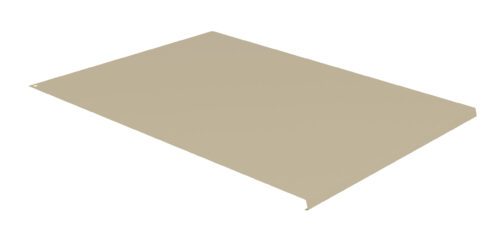 Angled view of a flat, beige, rectangular metal sheet. It has a slight lip on one edge and a small hole on the opposite corner.